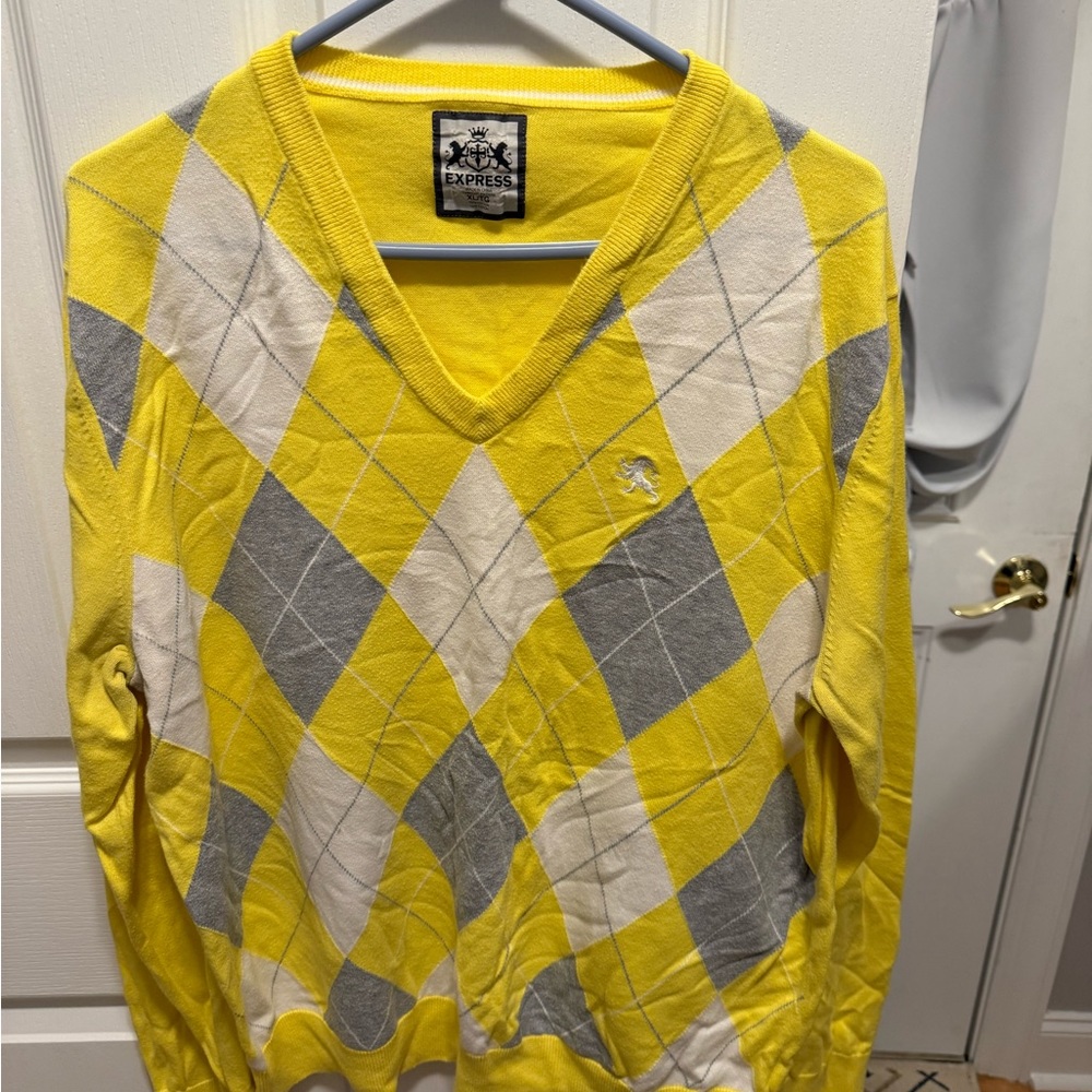 Express Yellow and Gray V-Neck Sweater